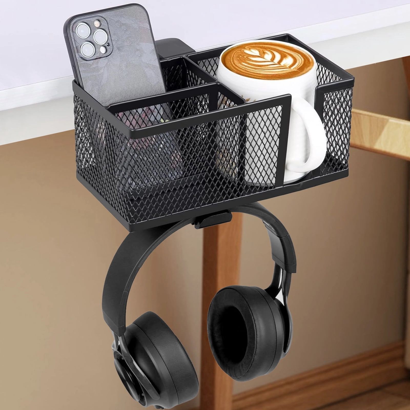 Metal Clip On Cup Holder, Black Metal Desktop Organizer, Desk Accessories Holder Clamp, No-Drill Easy Install for Cups, Bottles, Drinks, Headphones