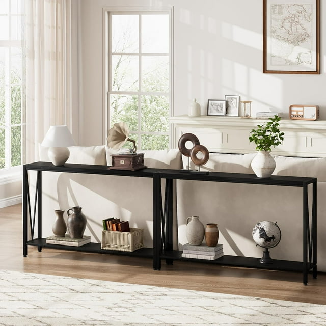 BeesClover Table d'Appoint Table d'Entrée Console à 2 Niveaux avec Rangement Table Étroite pour Sofa avec Design en V Console Industrielle de 43 Pouces pour Couloir Entrée Salon Vestibule Corridor Bureau