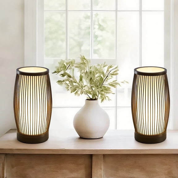 Booniture Set of 2 Boho Bamboo Table Lamps,Handmade Woven Bedside Lamp,Nightstand Lamp for Kids Room, Living Romm, Bedroom, Dorm Decor,Walnut