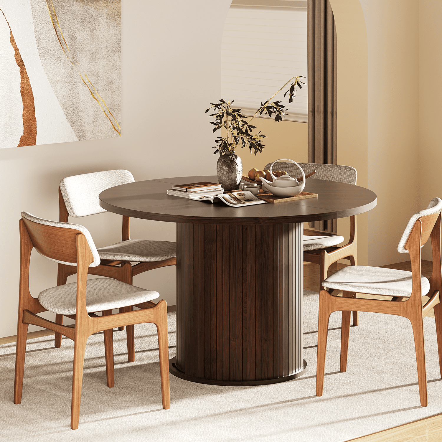 Sonegra 47" Round Dining Table with Storage, Modern Fluted Circle Kitchen Table with 2-Layer Storage and Sliding Door, for Kitchen Living Room, Brown
