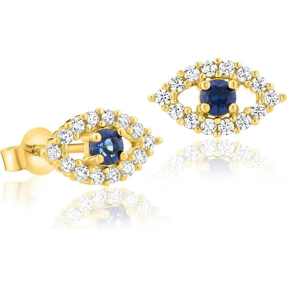 Solid 14k Yellow Gold Evil Eye Dainty Stud Earrings with Sparkling Cubic Zirconia