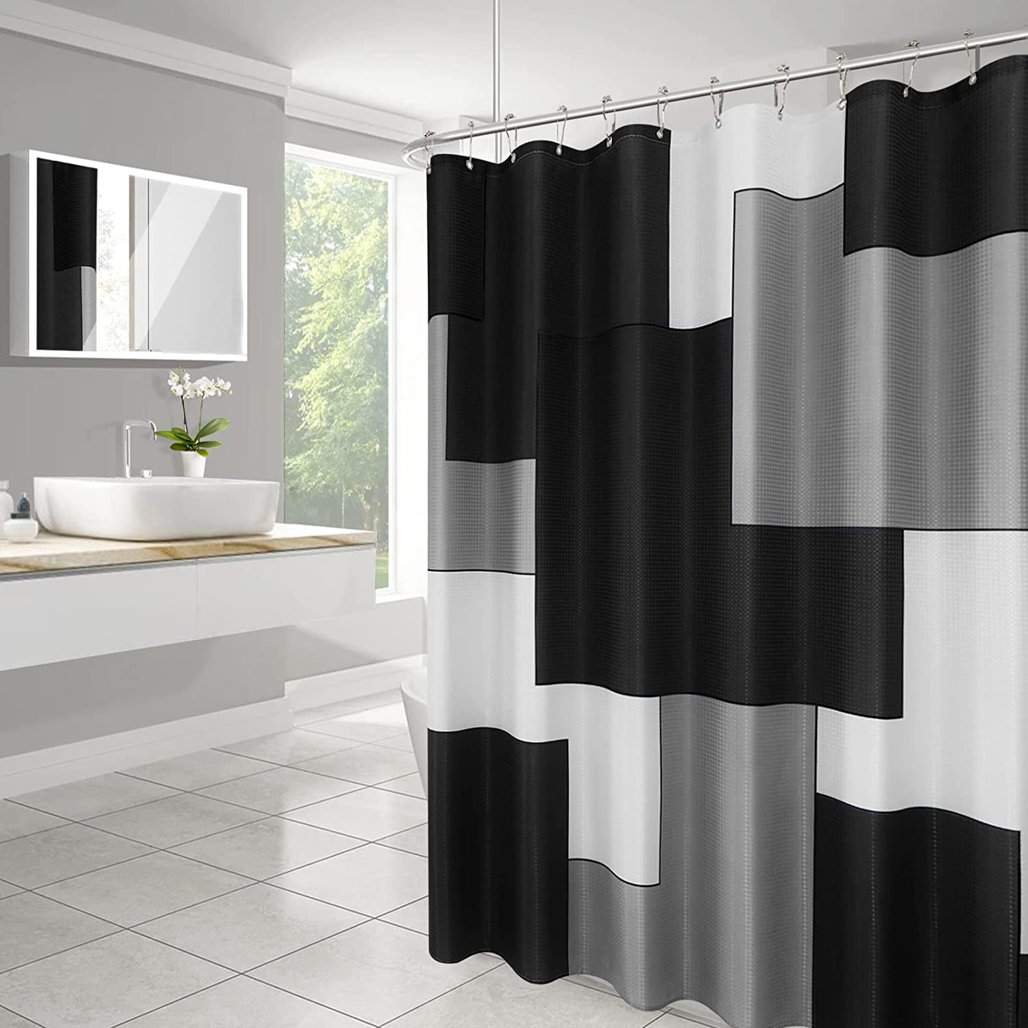 Black Shower Curtain Waffle Fabric Shower Curtain Set with Hooks Modern Black and White Grey Geometric Shower Curtains for Bathroom Water Repellent Bath Curtain for Men Bathroom Decor, 72×72 Inches