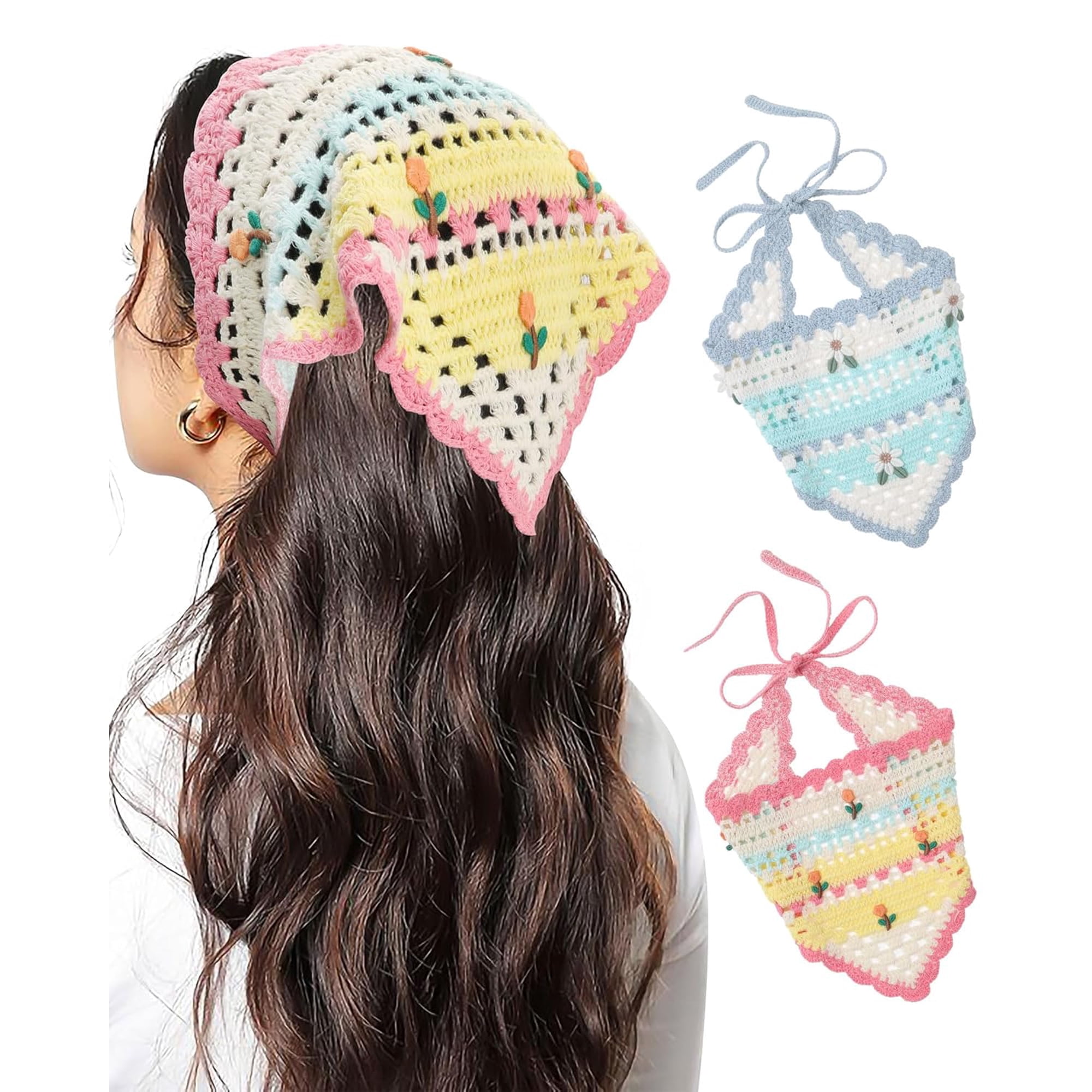 LinYooLi 2 PCS Crochet Hair Bandanas Floral Head Scarf Knit Bandana Headband Scarf Tie-Back Head Kerchief Daisy Hair Bandanas for Women Girls(Pink)