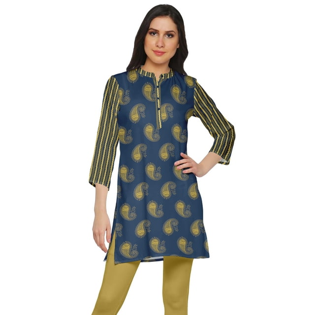 Moomaya Kurtis Courtes à Col Montant en Poly-Crêpe pour Femmes, Haut de Robe Imprimé