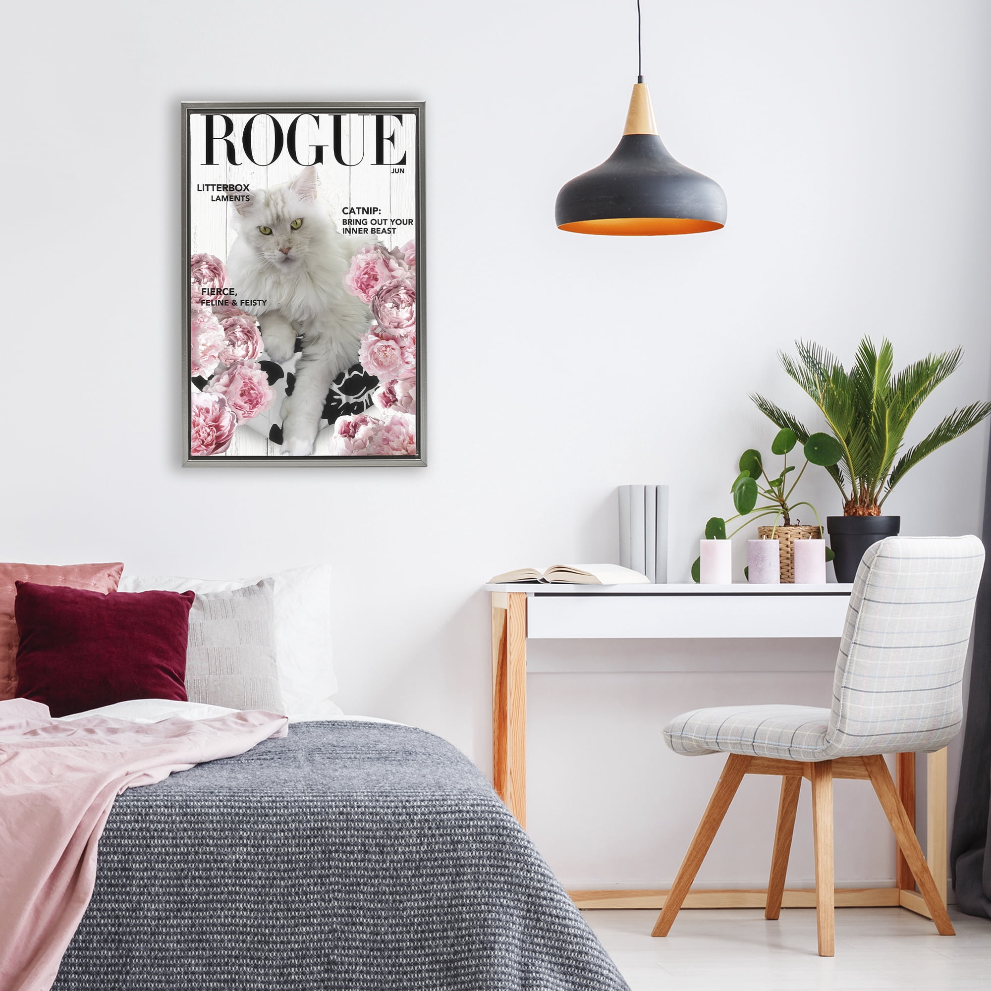 Funny Floral Cat Magazine Gray Framed Floater Canvas Wall Art, design by Sasha