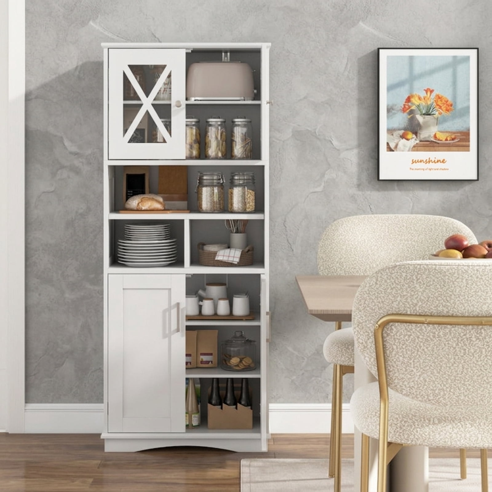 Vebreda Tall Bathroom Floor Storage Cabinet with Acrylic Doors and 3 Open Cubes and Adjustable Shelves for Bathroom Organizer, White