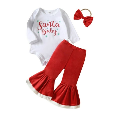 

RPVATI Newborn Infant Baby Toddler Clothes Long Sleeve Christmas Bodysuit Bow Headwear + Flare Pants Set 3 Pieces Fall Winter Clothes Set