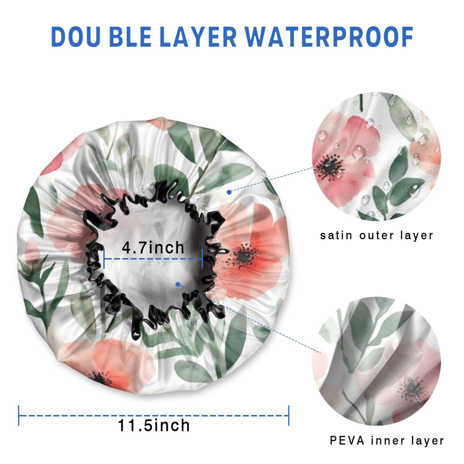 Shower Caps,Pioneer Flower Floral Print Pattern Waterproof Shower Cap for Women 4 Pieces,Double Reusable Hair Cover for Shower PEVA Elastic Stretch Hem