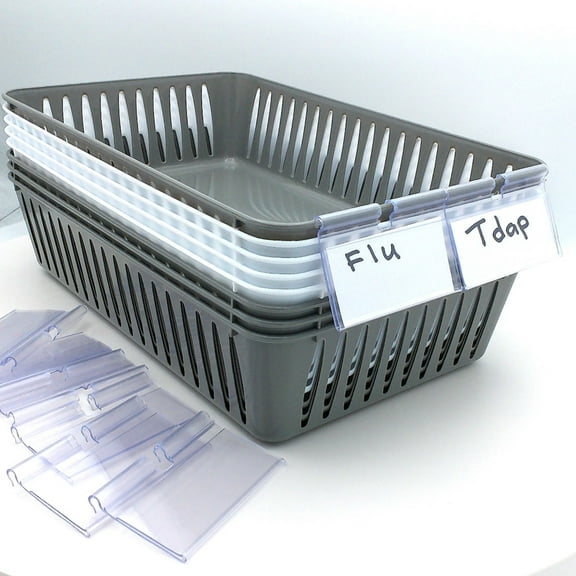 8 Storage Baskets 9.5" x 5.5" & 12 Label Holders, Grey and White