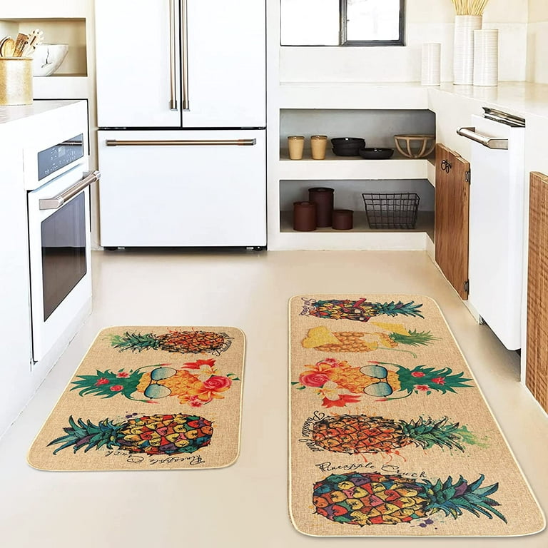 Kitchen Rugs and Mats Non Skid Washable Sets with Rubber Backing Pineapple  Kitchen Mat Set of 2 Farmhouse Low-Profile Floor Mat for Home Front Door  Holiday Decor(17x29 +17x47 Inch 
