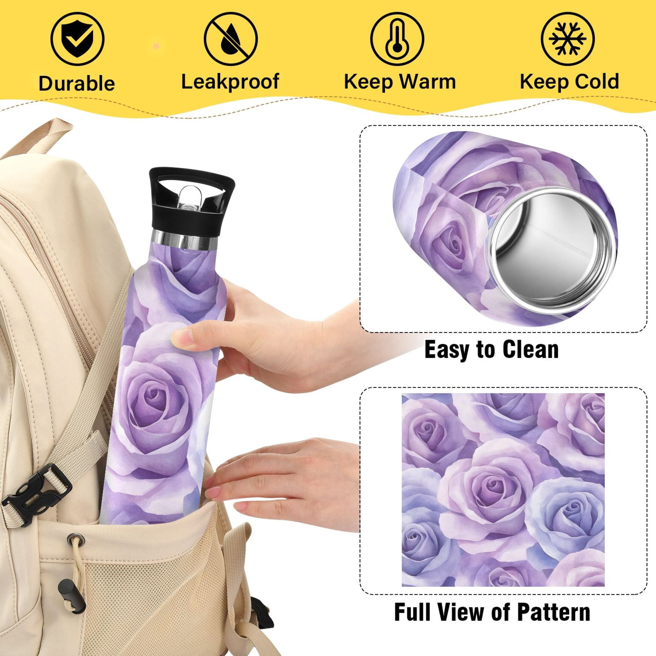 600ML Stainless Steel Insulated Cup Sports Water Bottle Portable Thermos Cup Water Glasses Insulated Tumblers Convenient and Durable Purple Roses Seamless
