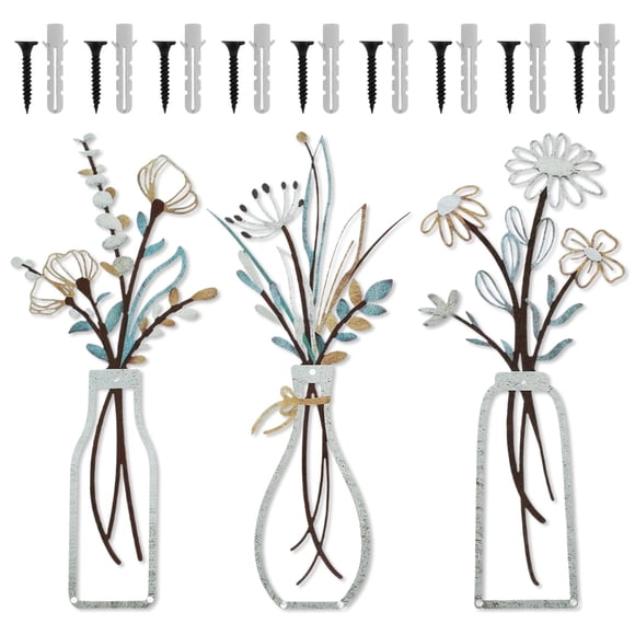 3 Pzas de Flores de Metal Wall Arts Metal Arte de Pared Jarrón Decoración Rústica de Granja Decoración de Pared para Baño Decoración de Pared para Comedor Decoración Minimalista Regalos de Inauguraci