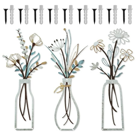 3 Pcs Metal Flowers Wall Arts Metal Vase Wall Art Rustic Farmhouse Decor Bathroom Wall Decor Dining Room Wall Decor Minimalist Decor Housewarming Gifts 13.8x5.9 in