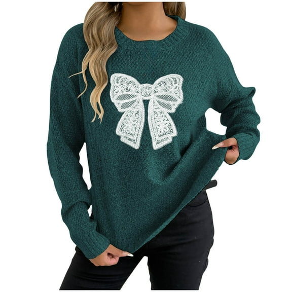 Ruimatai Women's Solid Color Bow Knit Sweater Top Long Sleeve Round Neck Pullover Soft Comfortable Casual Fall Winter Fashion