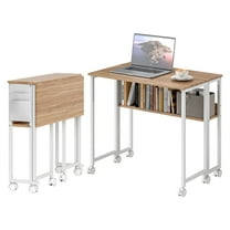 Folding Computer Desk, Small Desk with Storage, Foldable Office Desk with Wheels, Natural Wood Finish