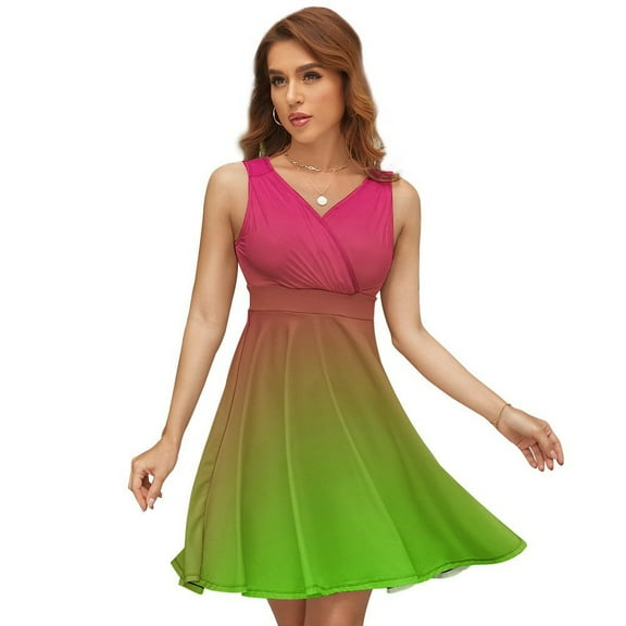 Pink Green Gradient Dress Fashion Beach Long Dresses Female Party Printed Sundress