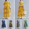 thumbnail image 4 of Vestido de lino de algodón de mujer vintage con estampado de cuello redondo, manga corta, bolsill Romacci Vestido de lino de algodón, 4 of 7