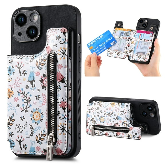 Feishell Zipper Wallet Case for iPhone 16 with Card Holder, Floral Flower Pattern PU Leather Phone Case for Women Girls, RFID Blocking & Kickstand Shockproof Protection Cover, Black