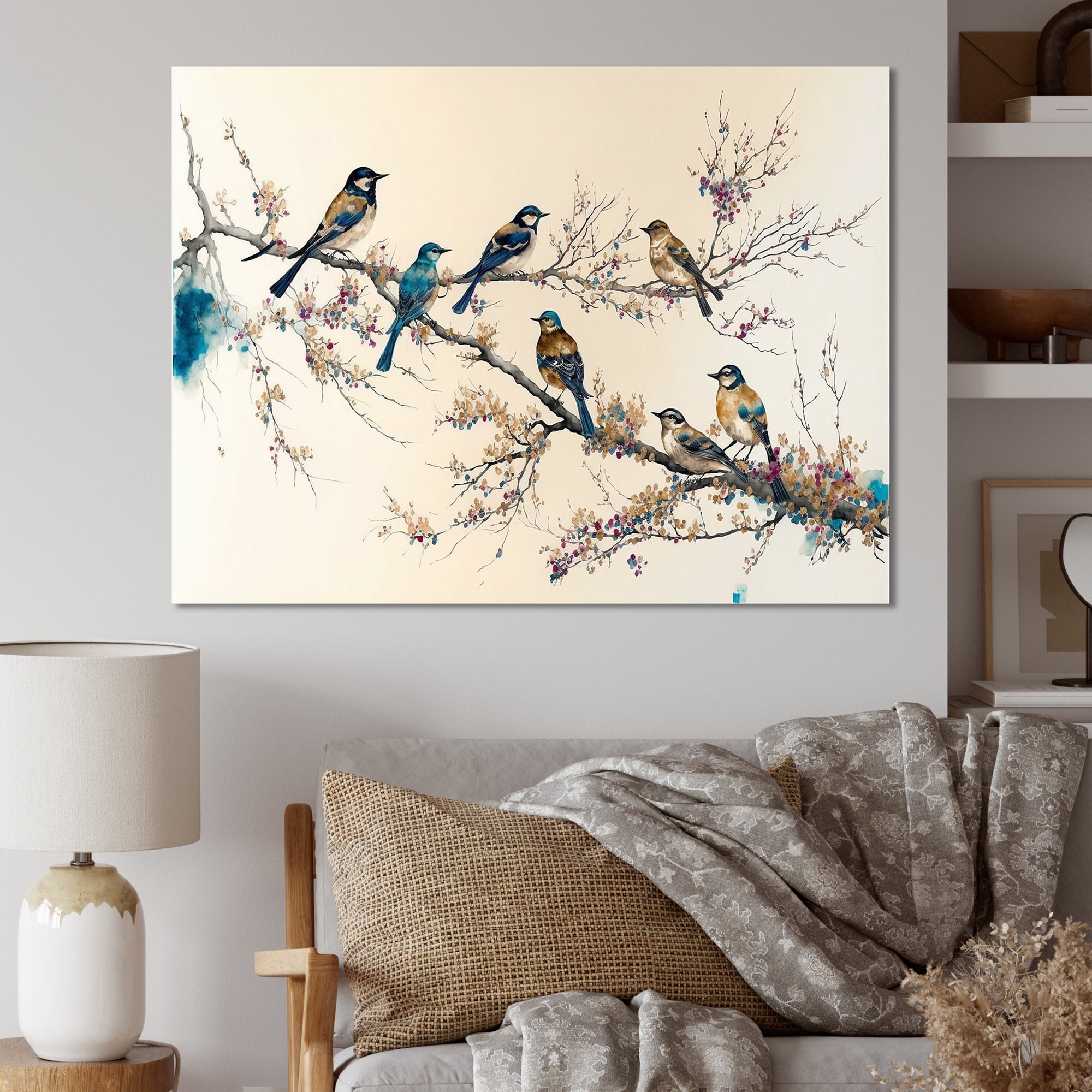 Designart Multicolor Birds On Plum Blossoms Tree XIV Canvas Wall Art