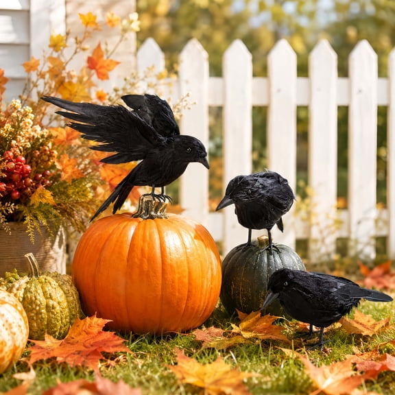 Valora Bella 3PCS Crows Halloween Decor - Realistic Handmade Black Feathered Crow & Raven Decor - Fake Crows Halloween Birds with Wire Feet for Indoor Outdoor Porch, Tree, Fence, Yard Decorations