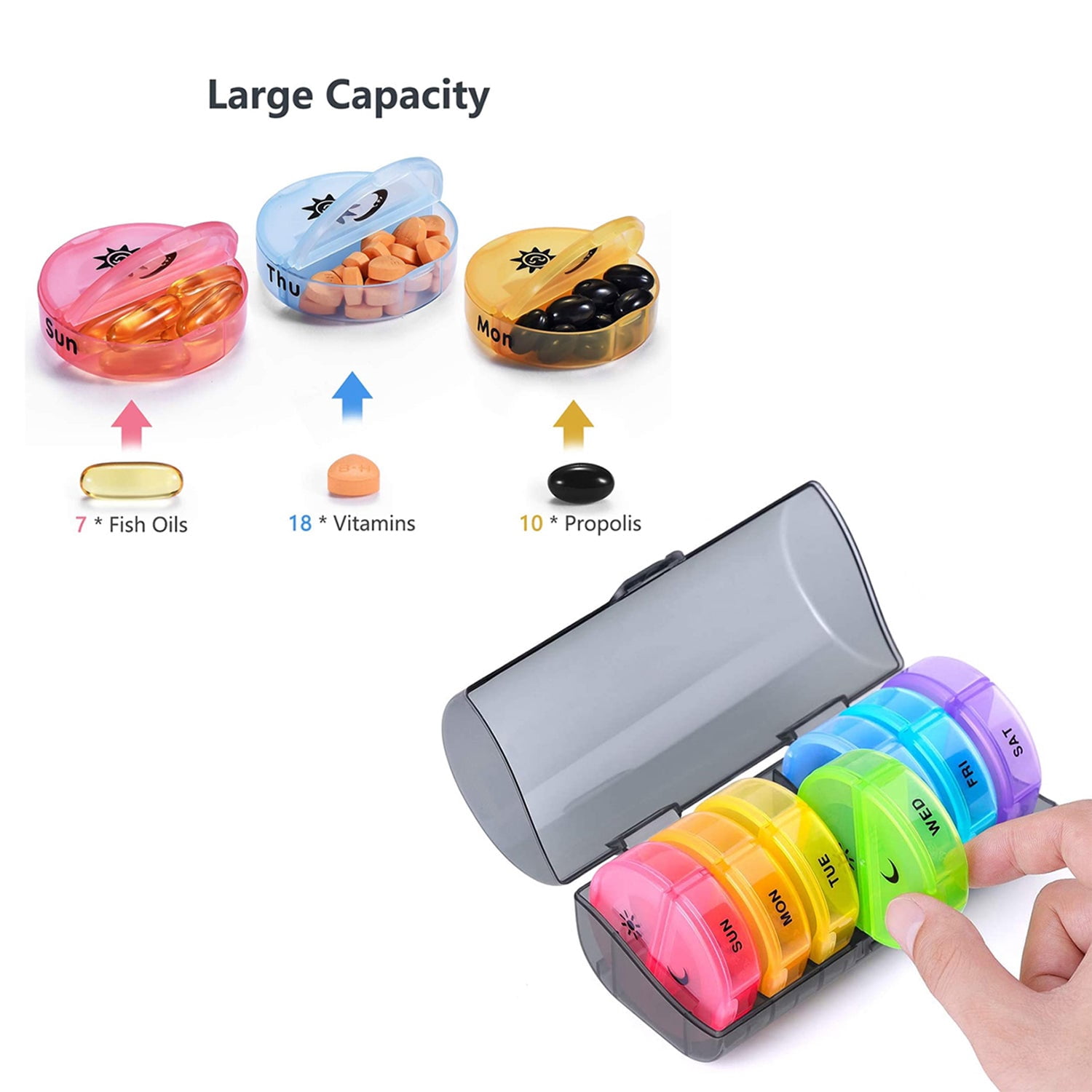 2 Times A Day, AM PM Weekly Pill Organizer Large Daily Pill Box With Black Case For Travel, Round Medicine Organizer,7 Day Pill Container For Vitamins, Fish Oils Supplement, Medicine