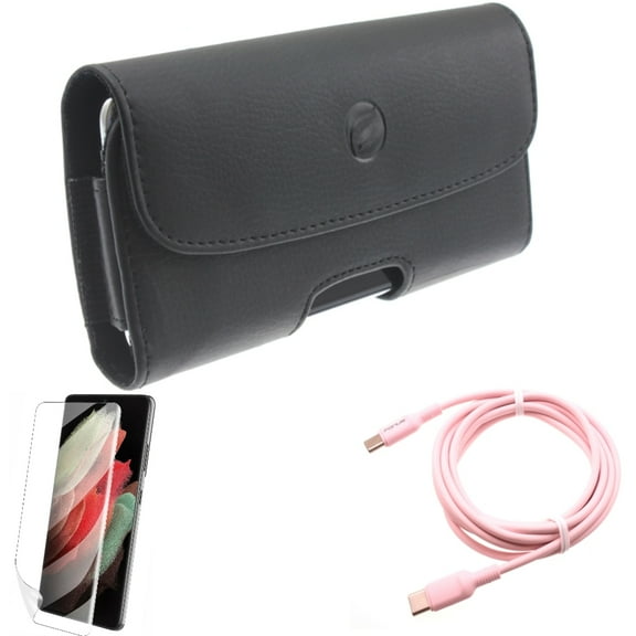 Pink 10ft Long Cable w Case Belt Clip w Matte Screen Protector for Samsung Galaxy S21 Plus - USB-C to Type-C PD Fast Charger, Leather Holster, TPU Film Anti-Glare Accessory Bundle