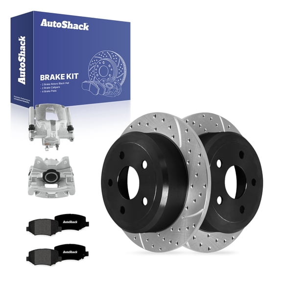 AutoShack Rear Brake Rotors, Premium Pads & Calipers for Jeep, Wrangler 2007-2017 Wrangler JK 2018, 4WD RWD V6 3.6L 3.8L - E-Coated Drilled & Slotted - ShadowGuard - 12.44" (316 mm), 5-Lug