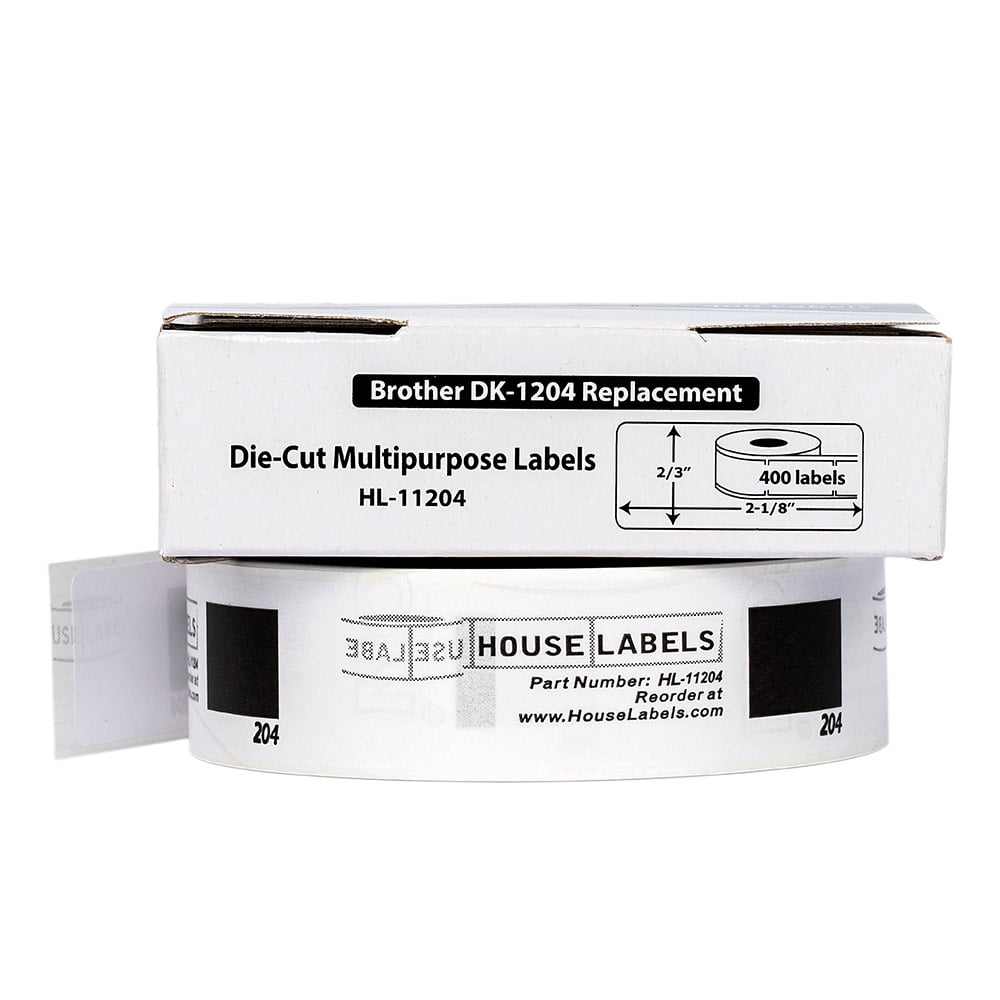 HOUSELABELS Compatible with DK-1204 Replacement Roll for Brother QL Label Printers; 400 Multipurpose Labels; 2/3" x 2-1/8" (17mm*54mm) with 1 REUSABLE CARTRIDGE - 12 Rolls