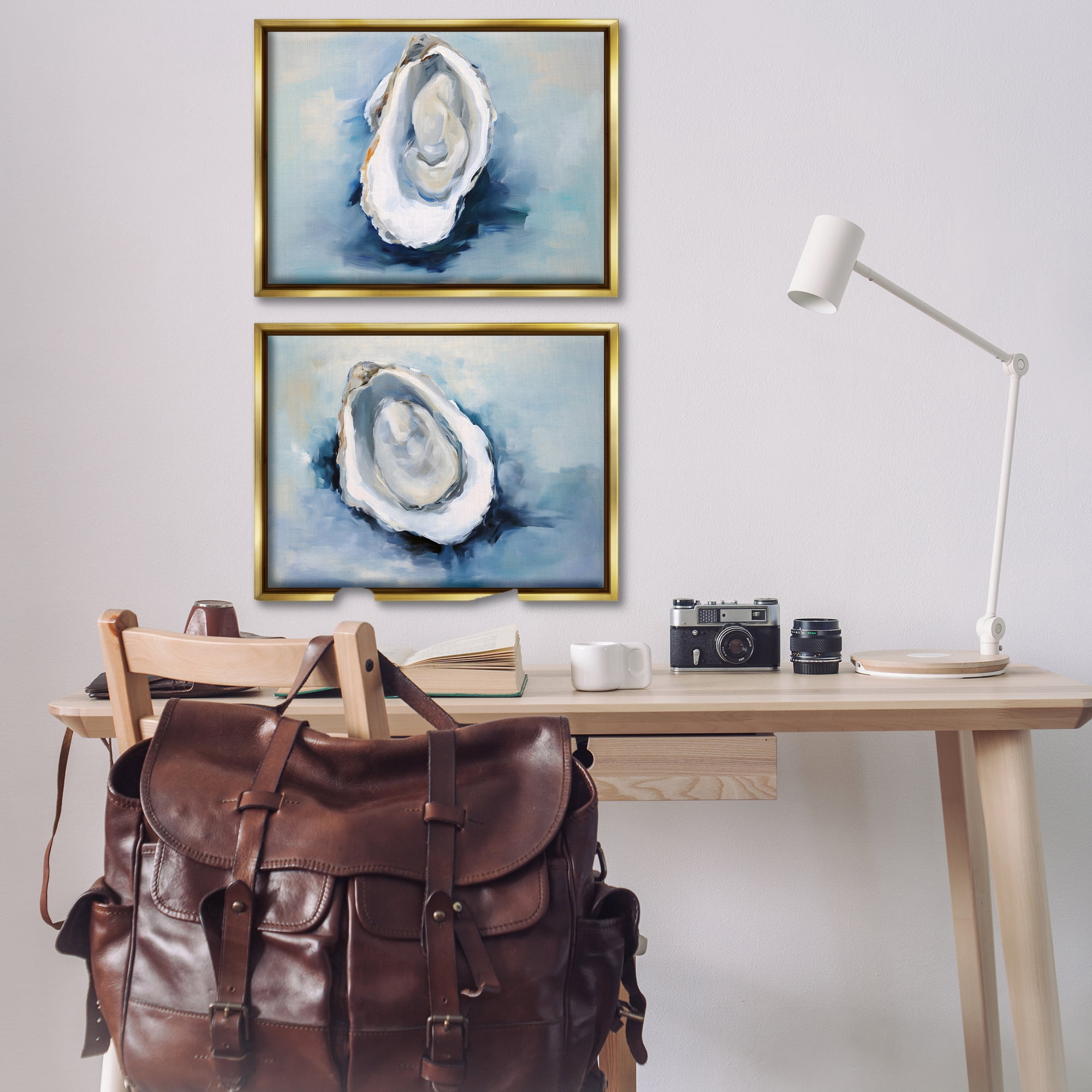 Stupell Industries Open Oyster Mollusk Shells Nautical & Beach Painting Gold Floater Framed Canvas Art Print Wall Art, 31 x 21, Set of 2