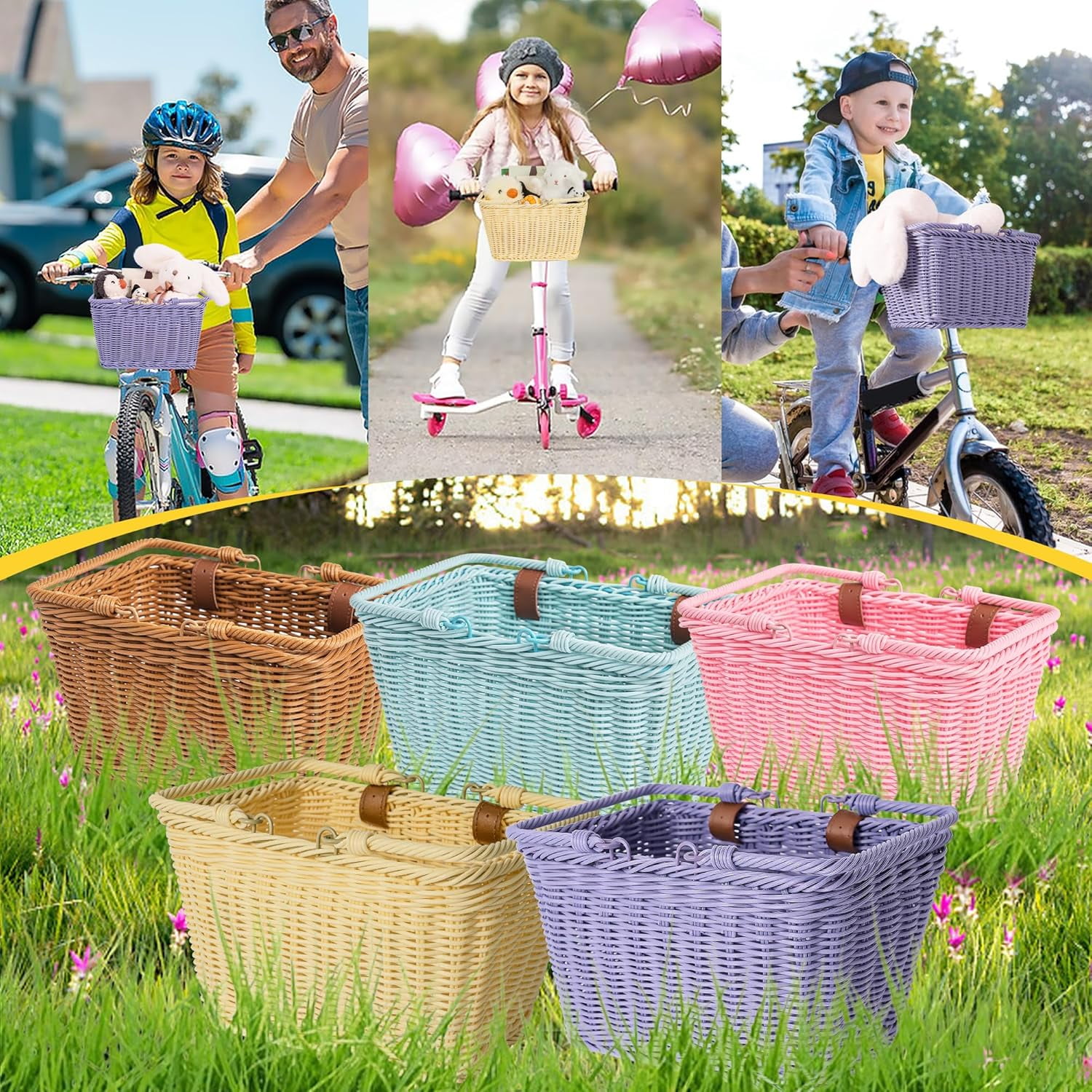 GRANNY SAYS Kids Bike Basket, Front Bicycle Baskets for Kids, Small Wicker Bike Basket for Boys and Girls, Pink