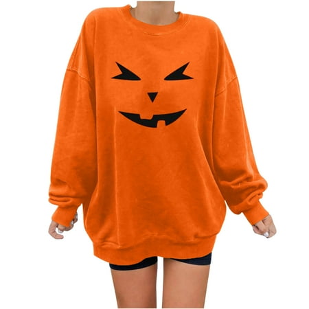 

Long Sleeve Sweatshirts for Women Halloween Pumpkin Face Graphic Printed Plus Size Pullover Comfy Lightweight Oversize Casual Round Neck Tops Loose Blouse Shirt