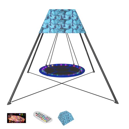 Hotjump 43  Flying Saucer Tree Swing with Black Powder-coated Metal Stand Frame with Blue Oxford Tent