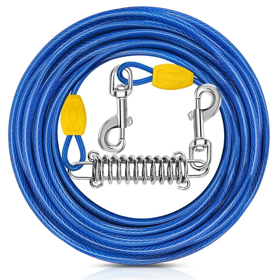 Petbobi 50ft Dog Tie-Out Cable, 4mm Metal Leash with Shock Absorbing Spring & 360°Swivel Clips for Outdoor Camping/Yard, Fits Small to Large Dogs Up to 120lbs, Blue