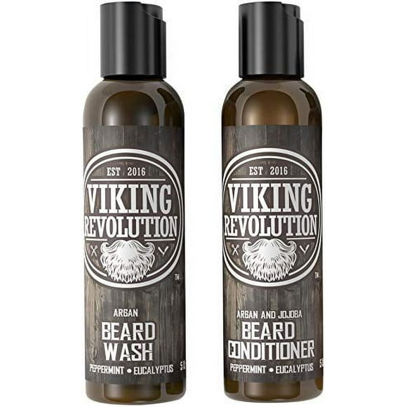Viking Revolution Beard Wash & Beard Conditioner Set w/Argan & Jojoba Oils  Softens, Smooths & Strengthens Beard Growth - Natural Peppermint and Eucalyptus Scent - Beard Shampoo w/Beard Oil (5