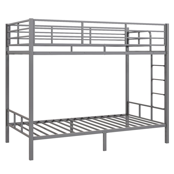 Grey Twin Bunk Bed Square Tube High Guardrail Side Ladder Opening Iron Bed