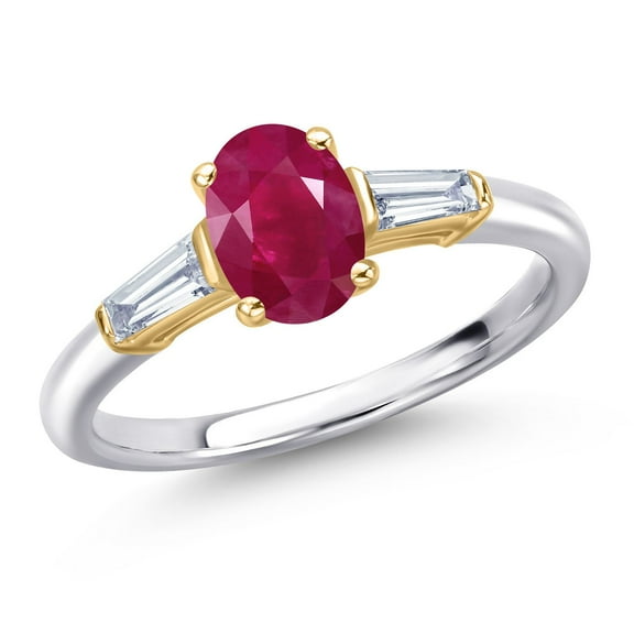 Gem Stone King 925 Silver and 10K Yellow Gold Red Ruby and Lab Grown Diamond Engagement Ring for Women | 1.20 Cttw | Oval 7X5MM | Gemstone July Birthstone | Size 7