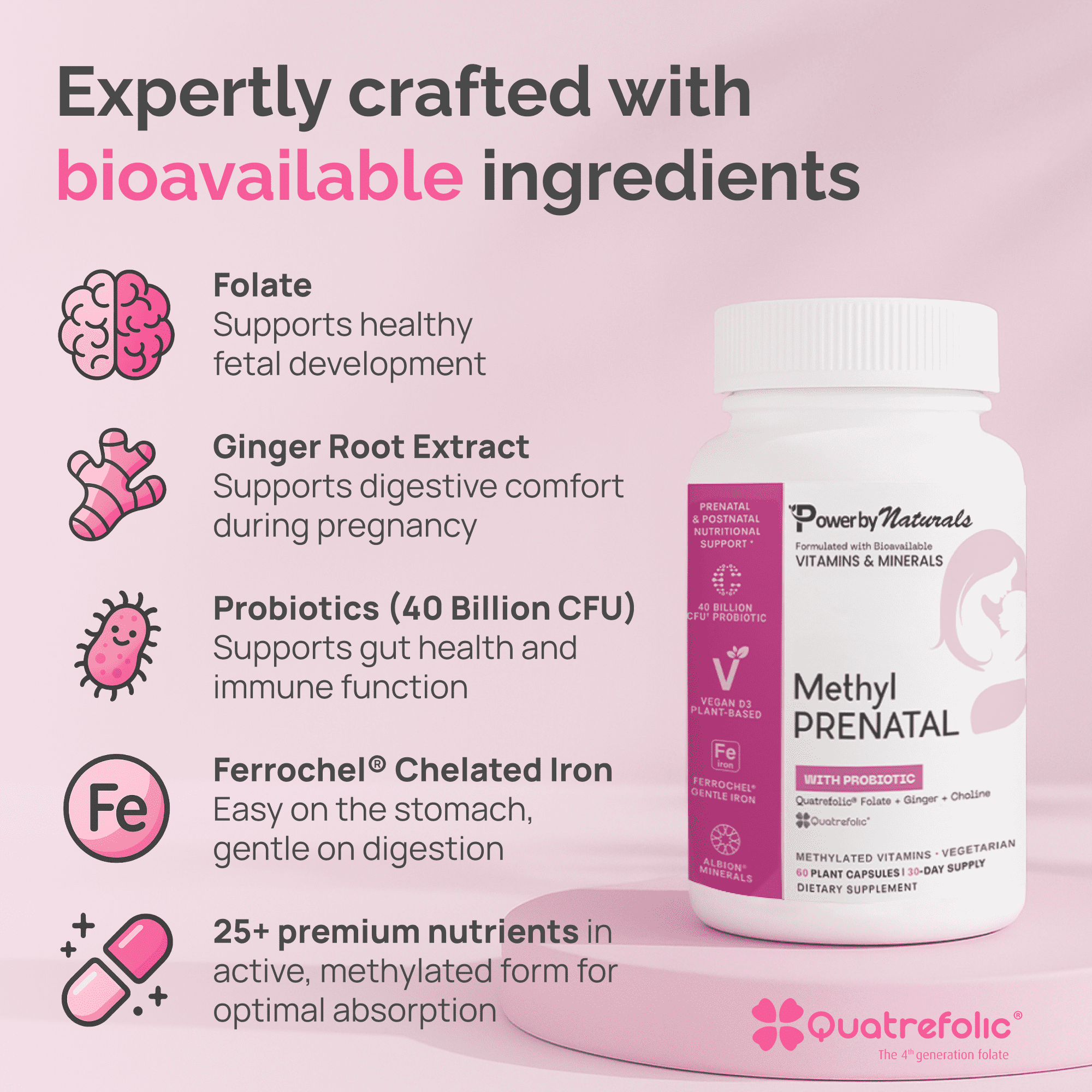 Methyl Prenatal Multivitamin With Probiotic - Methylfolate, Active B12, Iron, Ginger - 27+ Essential Nutrients for Healthy Pregnancy & MTHFR,  Prental Vitamins - 60 Capsules