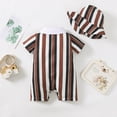 thumbnail image 3 of Kucnuzki Newborn Baby Boy Clothes 0 Months Spring Summer Jumpsuit Bodysuit 3 Months Short Sleeve Pinestripe Prints Button-Up Collar Overall Jumpsuit Hat 2PCS Set Brown, 3 of 8