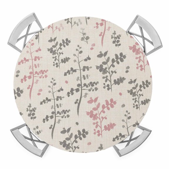 Elastic Fitted Round Tablecloth, Pink Grey Botanical Waterproof Stretch Table Cover for 36"-44" Tables, Rustic Country Spring Floral Summer Leaf Washable Outdoor Tablecloths for Patio, Picnic