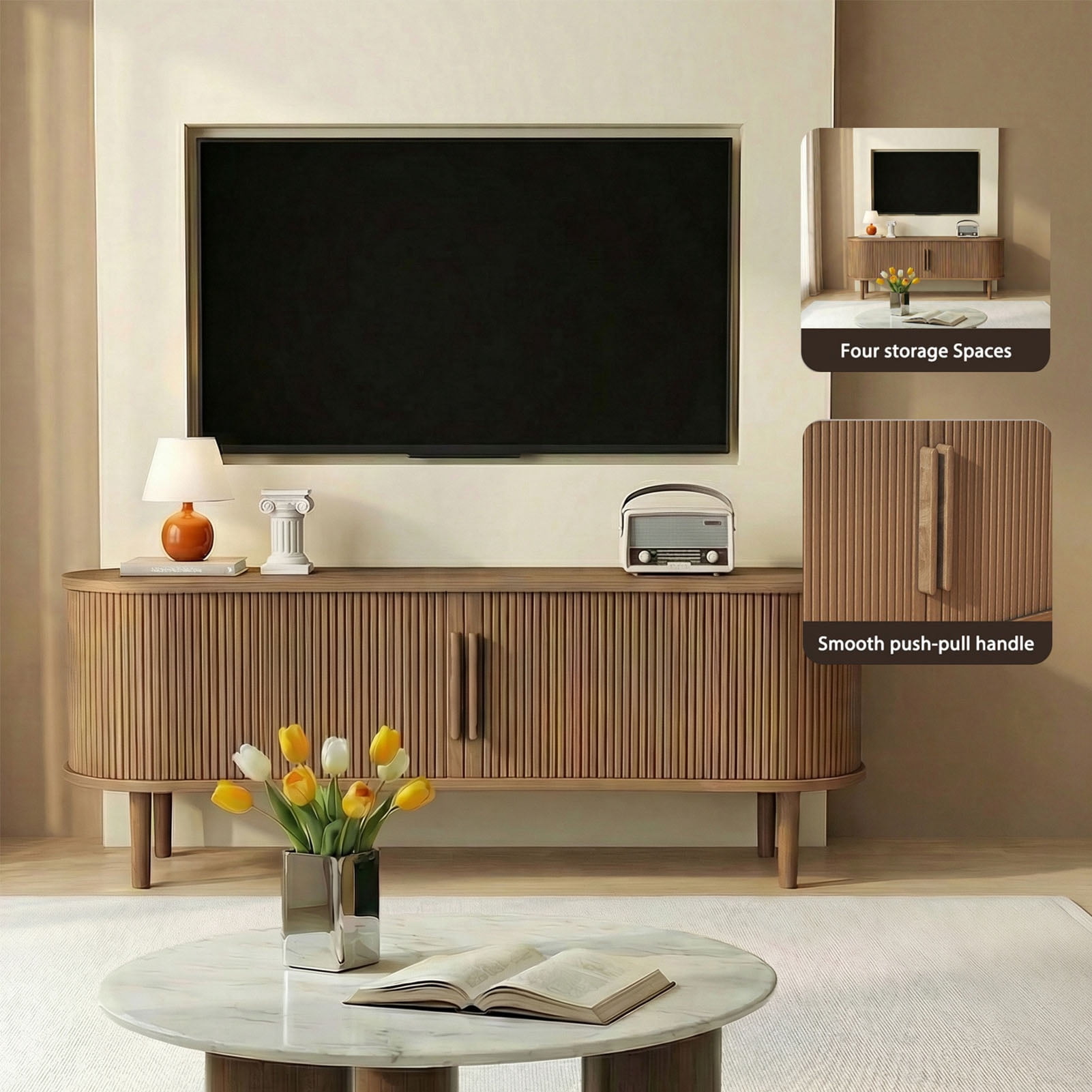 63" TV Stand for TVs up to 70 Inch, Entertainment Center with Storage and Adjustable Shelves, Modern Media Console with Sliding Doors for Living Room, Walnut