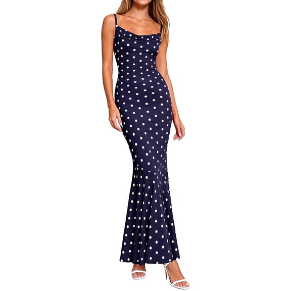 Oplxuo Elegant Polka Dots Mermaid Maxi Dresses for Women Cowl Neck Spaghetti Straps Bodycon Formal Cocktail Party Dress