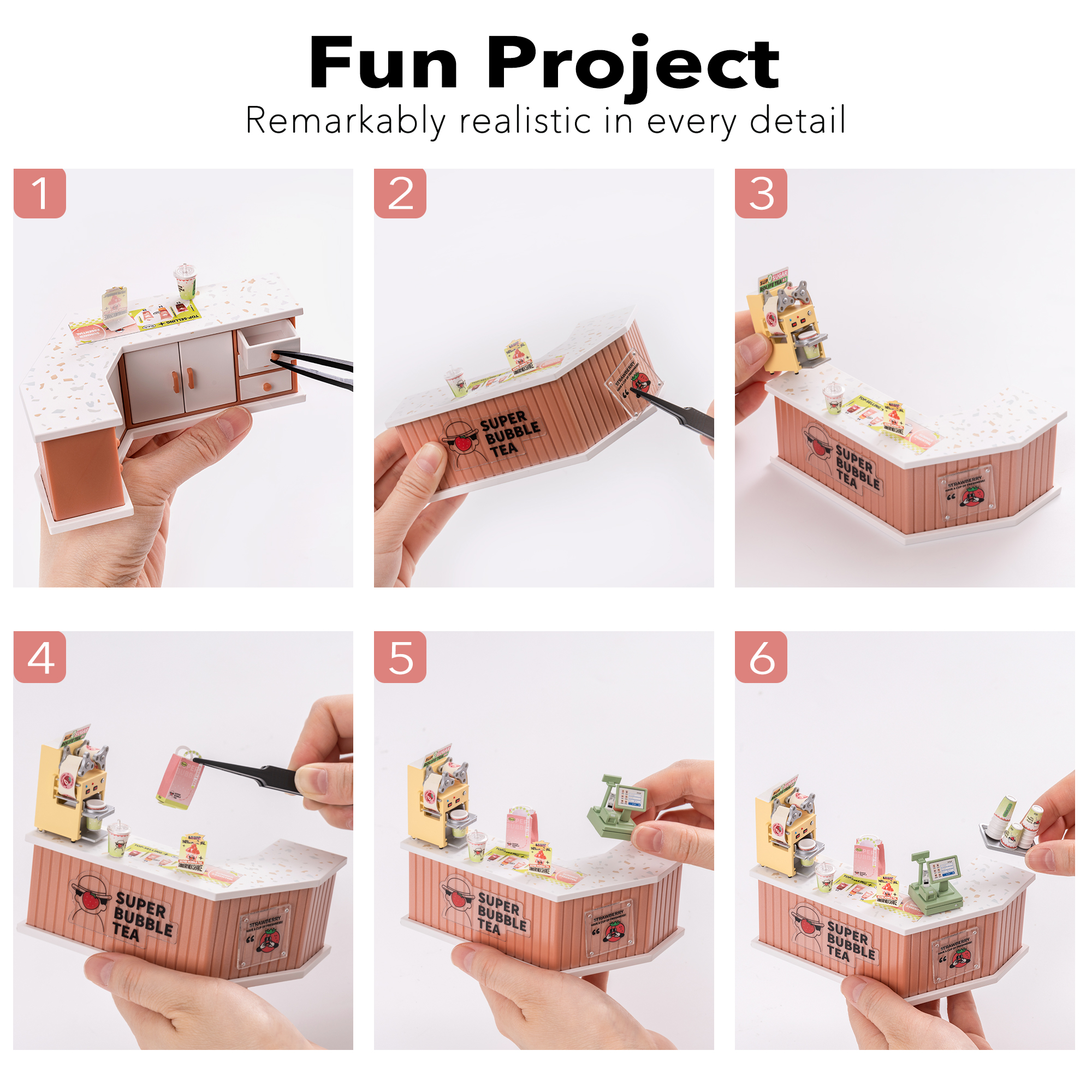 ROBOTIME Super Creator DIY Miniature House Kit,Tiny Home Craft Kits with LED,Mini Dollhouse Building Set,Gifts for Teens Adults(Double Joy Bubble Tea)