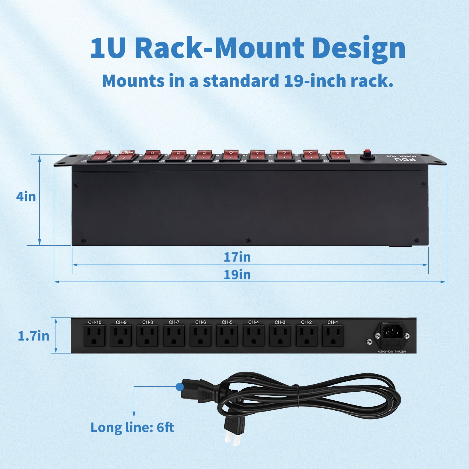 1U Rack Mount PDU Power Strip - Surge Protection AC 100V-240V-15A.for Network Server Racks, 6 Feet Heavy Power Cord