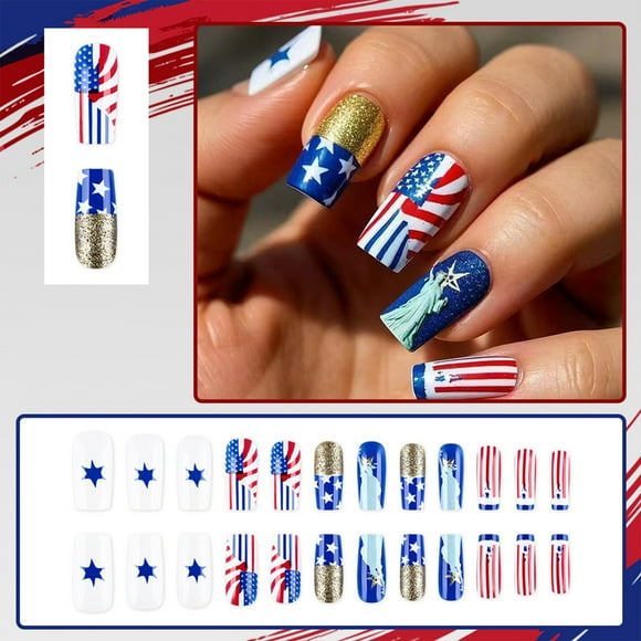 XYAIYT Independence Day Theme Wearable Nail Art with Tricolor Flag Design 24 Fake Nails with Star and Pattern Press On Nails for Parties Long Lasting and Easy to Apply