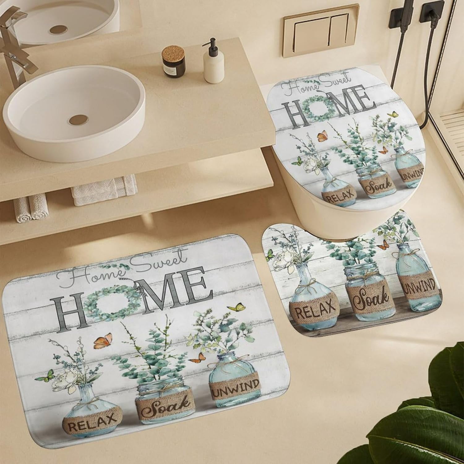 4PCS Shower Curtain Sets with Rugs Farmhouse Shower Curtain Neutral Rustic Country Shower Curtain Sets Purple Lavender Flower Shower Curtain Sets Bathroom Decor with Non-Slip Bath Mat Toilet Rug