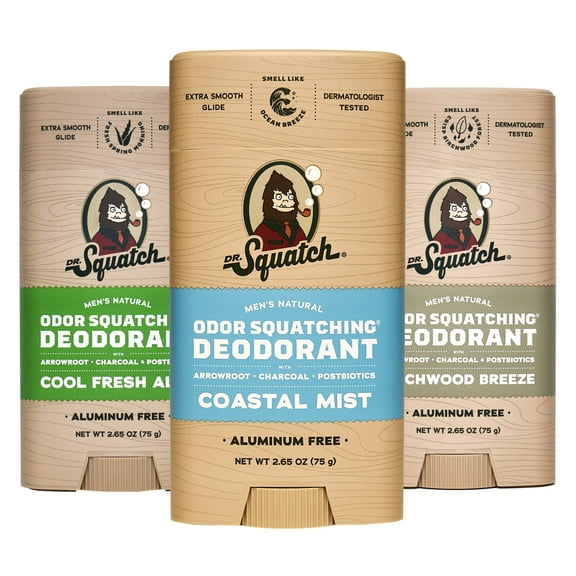 Dr. Squatch Natural Deodorant for Men - Aluminum Free - Cool Fresh Aloe, Coastal Mist & Birchwood Breeze (2.65 oz, 3-Pack)