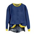 thumbnail image 2 of Women's Contrasting Color Round Neck Long Sleeve Casual Sweatshirt, Soft Cotton Pullover Top with Contrast Cuffs and Double Needle Stitching for Autumn Winter, Daily Wear and Party Outfits Dark Blue, 2 of 3