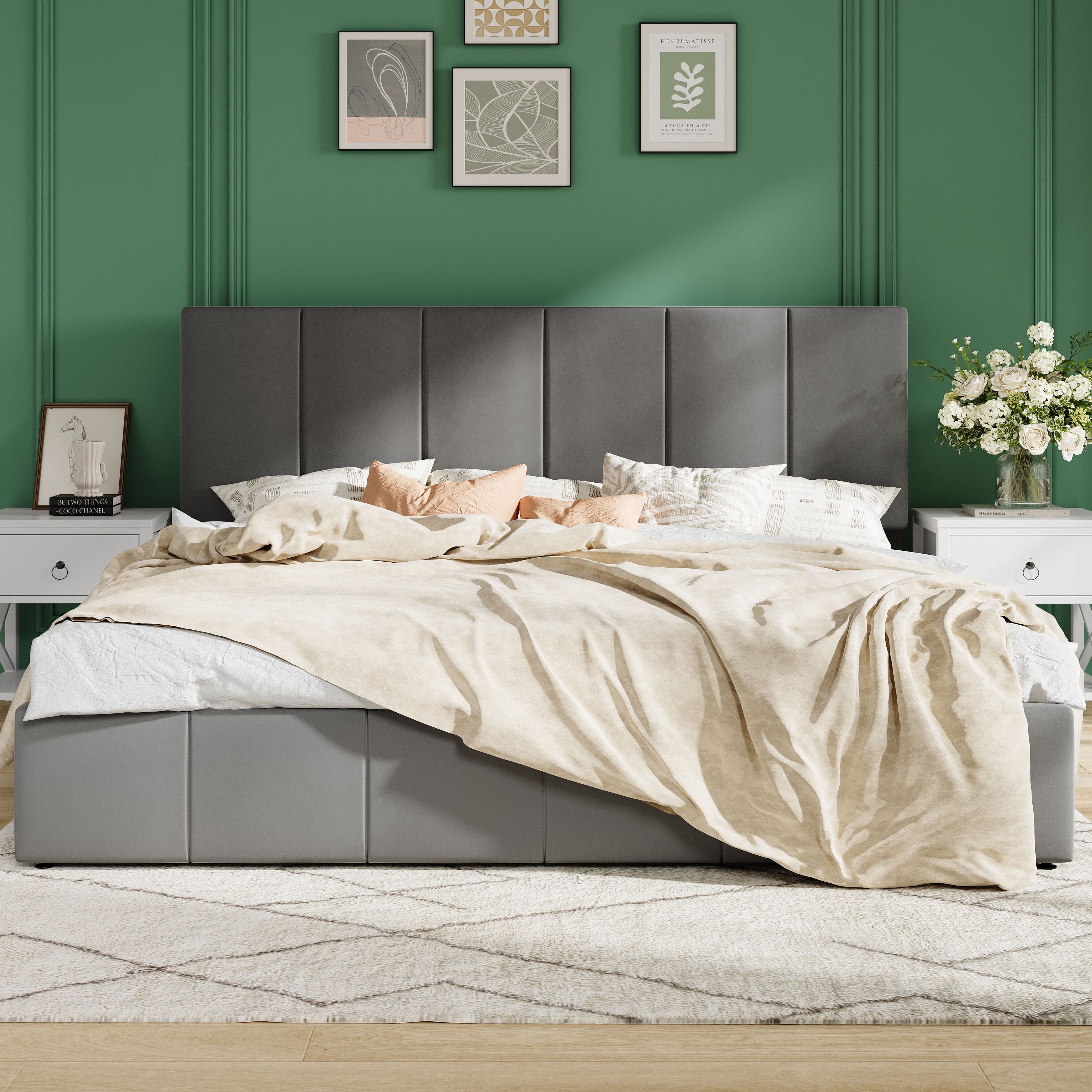 Amolife King Size Lift Up Storage Bed Frame, Velvet Upholstered Platform Bed with Adjustable Headboard, No Box Spring Needed, Gray