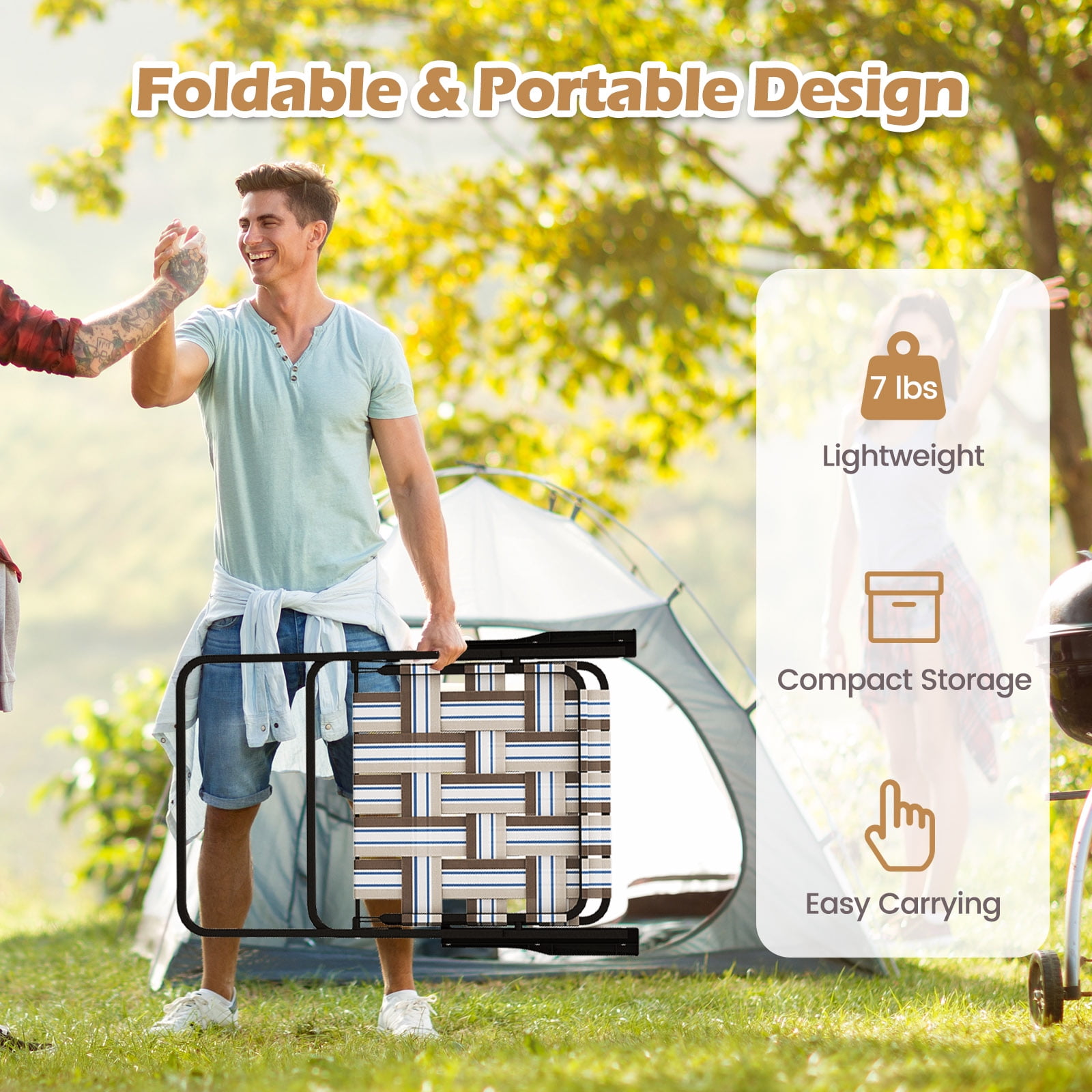 Topbuy Set of 2 Webbed Lawn Chairs, Outdoor Patio Folding Chairs w/ Heavy-Duty Metal Frame Lightweight Portable Web Camping Chairs Brown