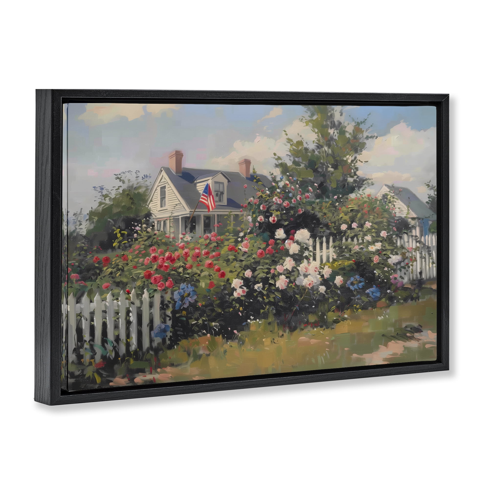 Stupell Industries Patriotic Cottage Garden Landscape & Nature Painting Black Floater Framed Canvas Art Print Wall Art, 31 x 21